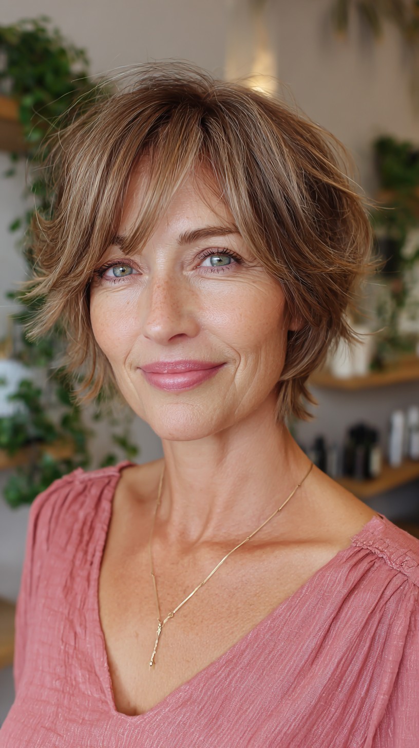 Shaggy Layered Short Bob with Curtain Fringe and Feathered Ends