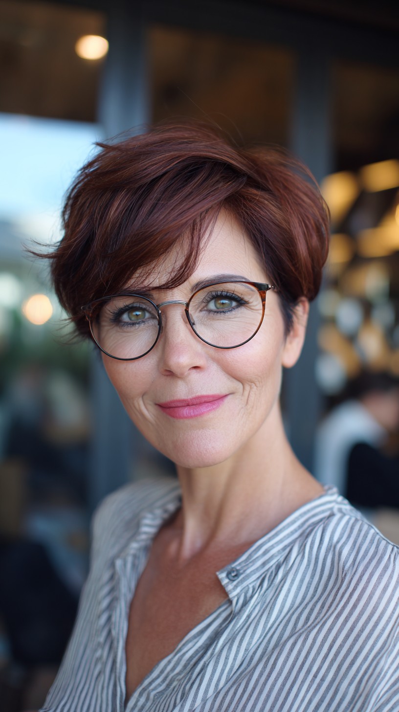 Short Auburn Pixie with Lifted Crown and Glasses-Grazing Fringe