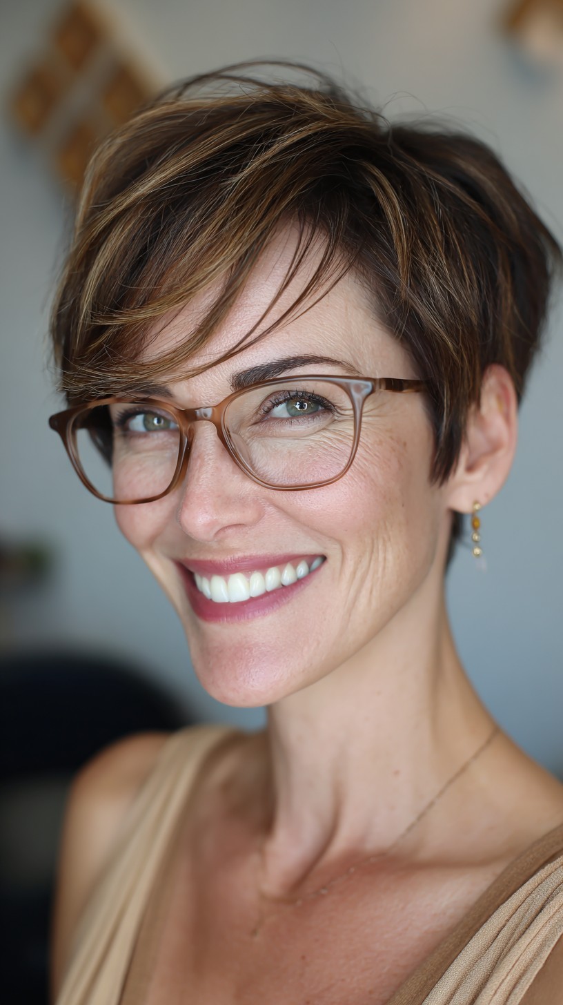 Short Back-Stacked Pixie with Side-Swept Micro-Fringe and Caramel Micro-Lights