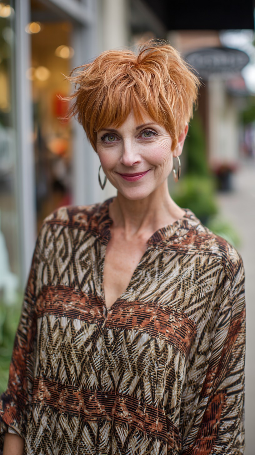Short Copper Pixie with Choppy Crown Layers and Soft Micro Fringe