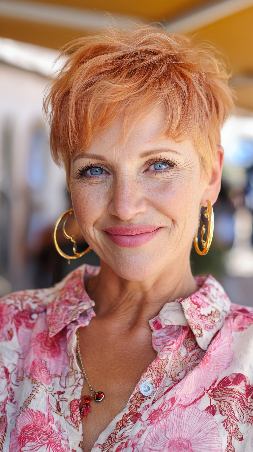 Short Ginger Pixie Shag with Wispy Fringe and Crown Texture