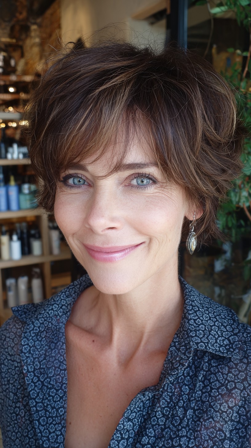 Short Layered Brown Pixie Shag with Airy Micro-Fringe