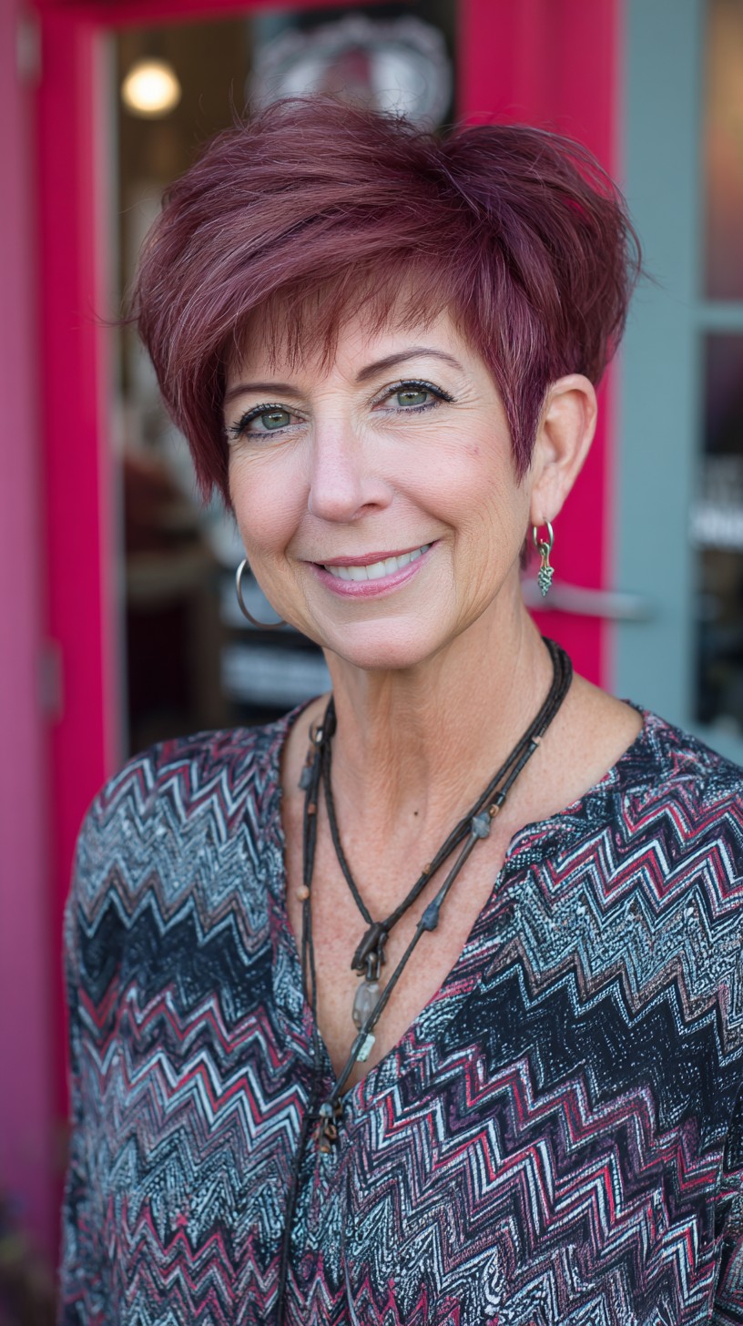 Short Layered Burgundy Pixie with Soft Micro‑Fringe and Crown Lift