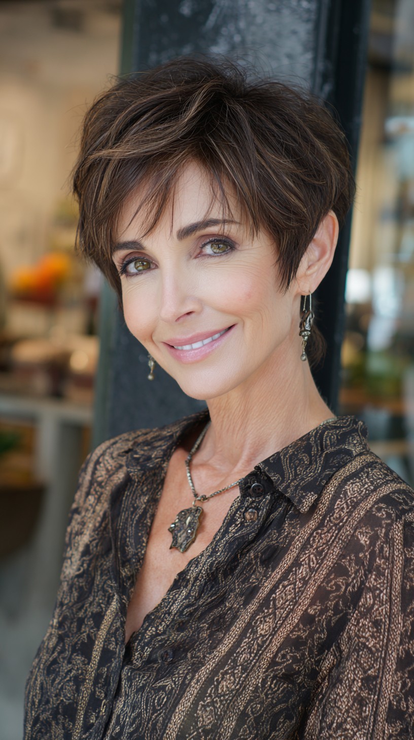 Short Layered Chestnut Pixie with Wispy Fringe and Face-Framing Layers