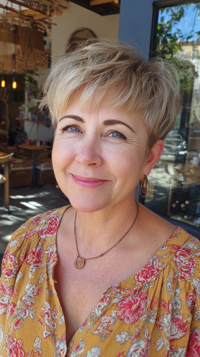 Short Platinum Pixie Shag with Feathered Fringe for Mature Hair