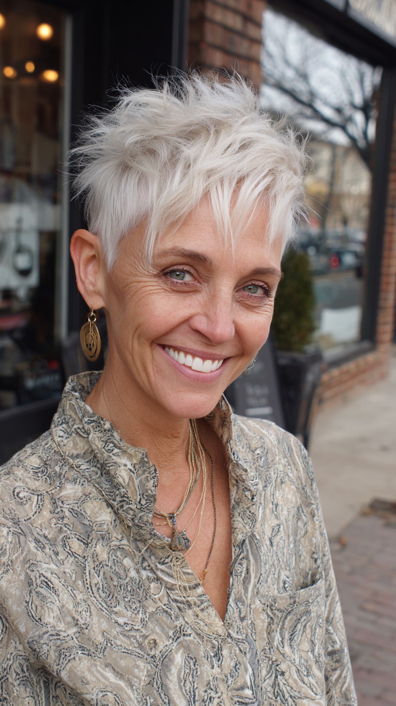 Short Platinum Textured Pixie Shag with Feathered Face-Framing Fringe