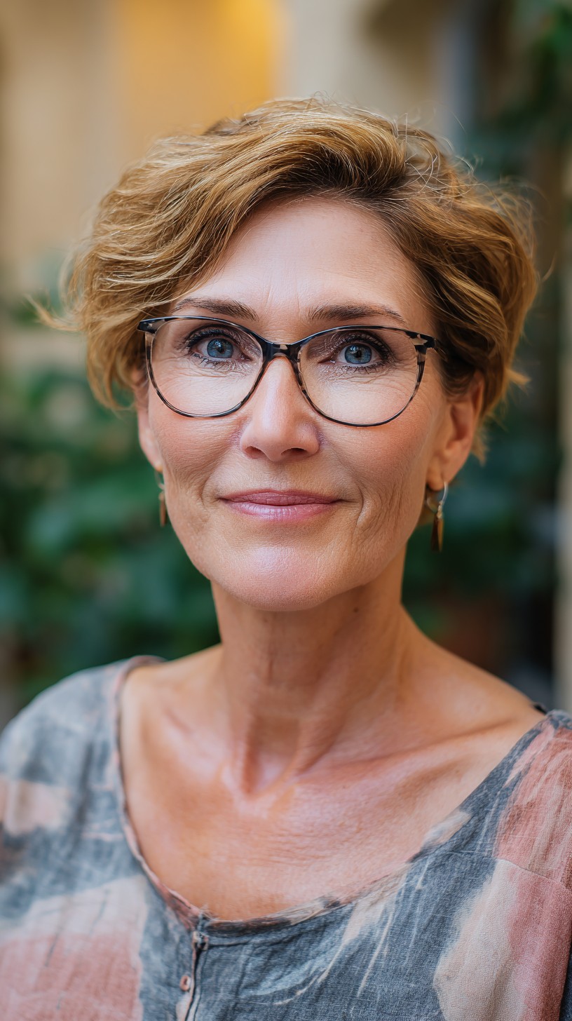 Short Side‑Swept Warm Blonde Pixie with Lifted Crown
