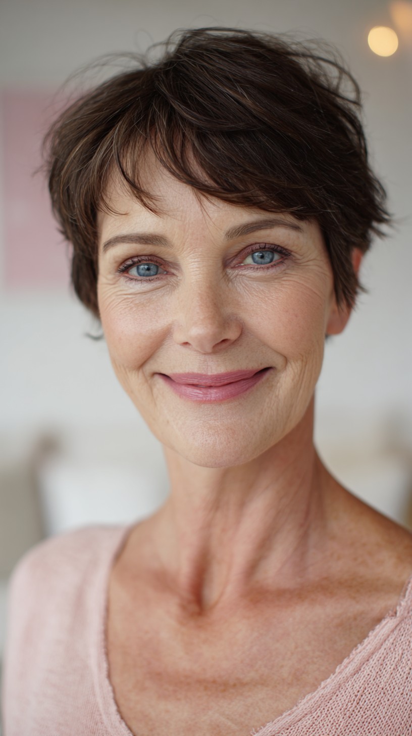 Short Textured Brunette Pixie with Lifted Crown and Soft Micro-Bangs