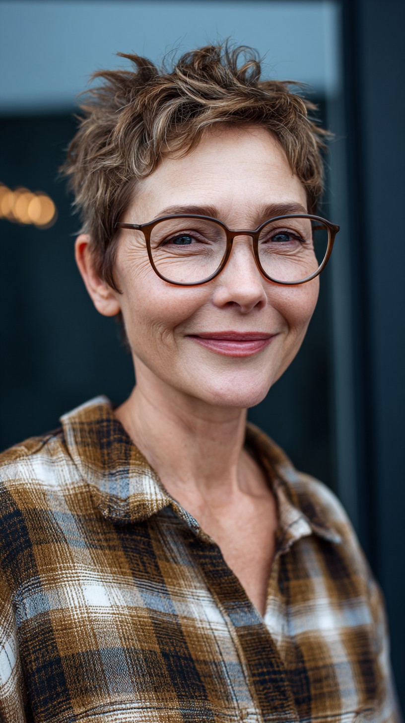 Short Tousled Salt-and-Pepper Pixie with Lifted Crown