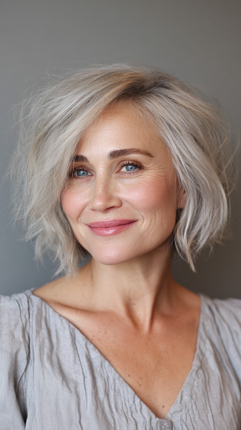Silver Textured Chin-Length Bob with Root Shadow and Side-Swept Layers