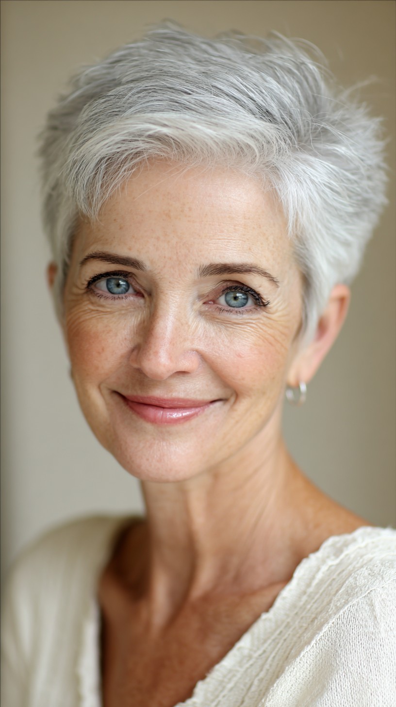 Silver Textured Short Pixie with Lifted Crown and Side-Swept Fringe