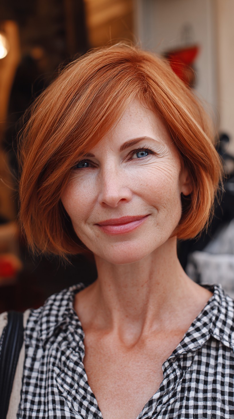Sleek Copper Chin-Length Angled Bob with Deep Side Sweep