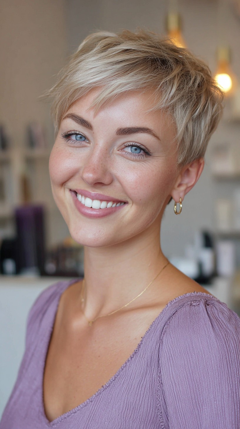 Soft Ash-Blonde Textured Pixie with Wispy Micro-Fringe