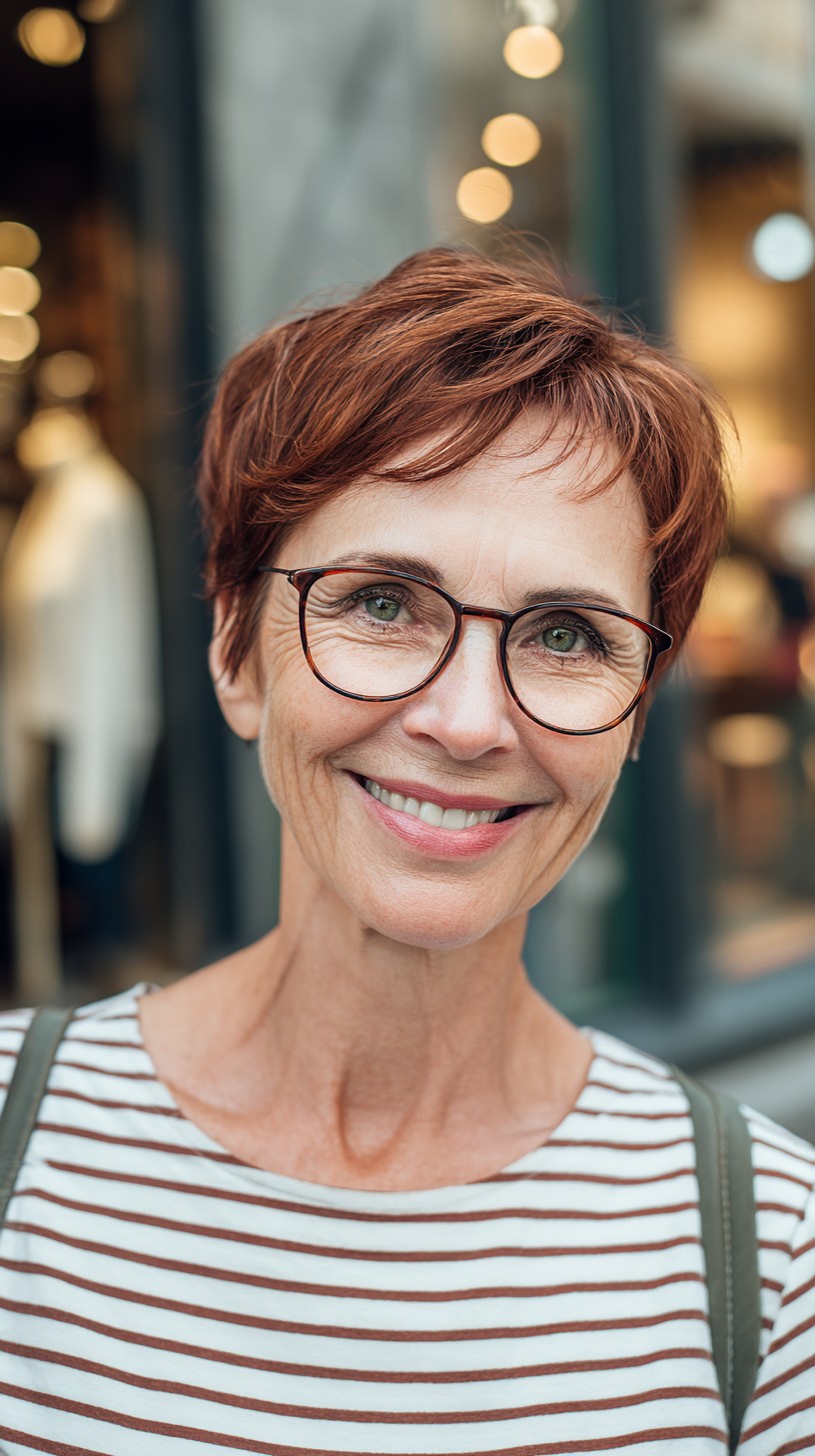 Soft Auburn Pixie with Feathered Micro-Fringe and Tapered Sideburns