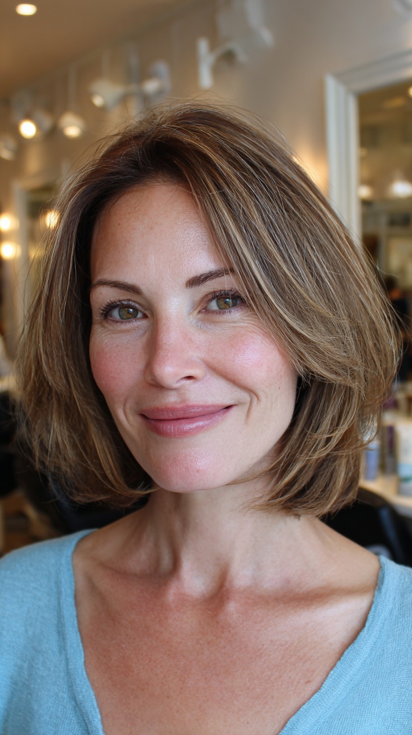 Soft Brunette Layered Chin-Length Bob with Face-Framing Curtain