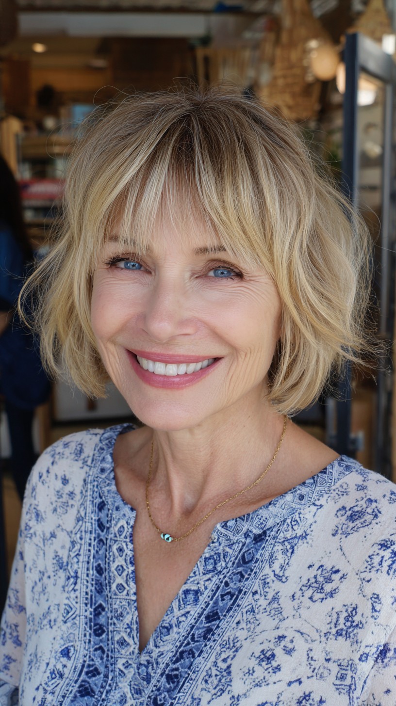 Soft Choppy Blonde Bottleneck Bob with Subtle Root Shadow