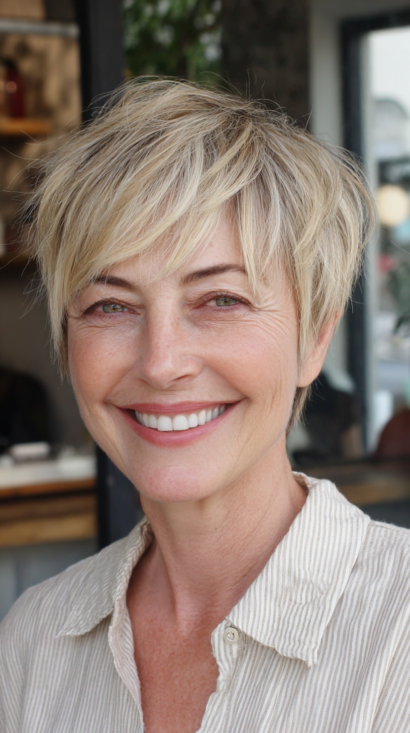 Soft Layered Ash-Blonde Pixie Shag with Side-Swept Micro Fringe