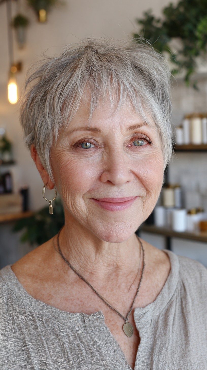 Soft Silver Choppy Pixie with Wispy Micro Fringe