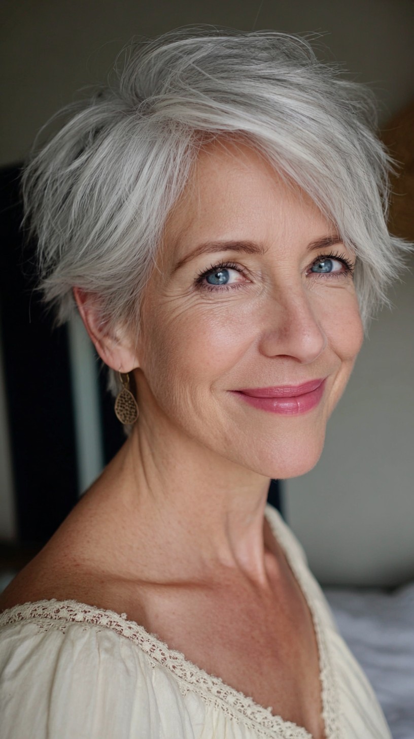 Soft Silver Layered Pixie with Wispy Side-Swept Fringe