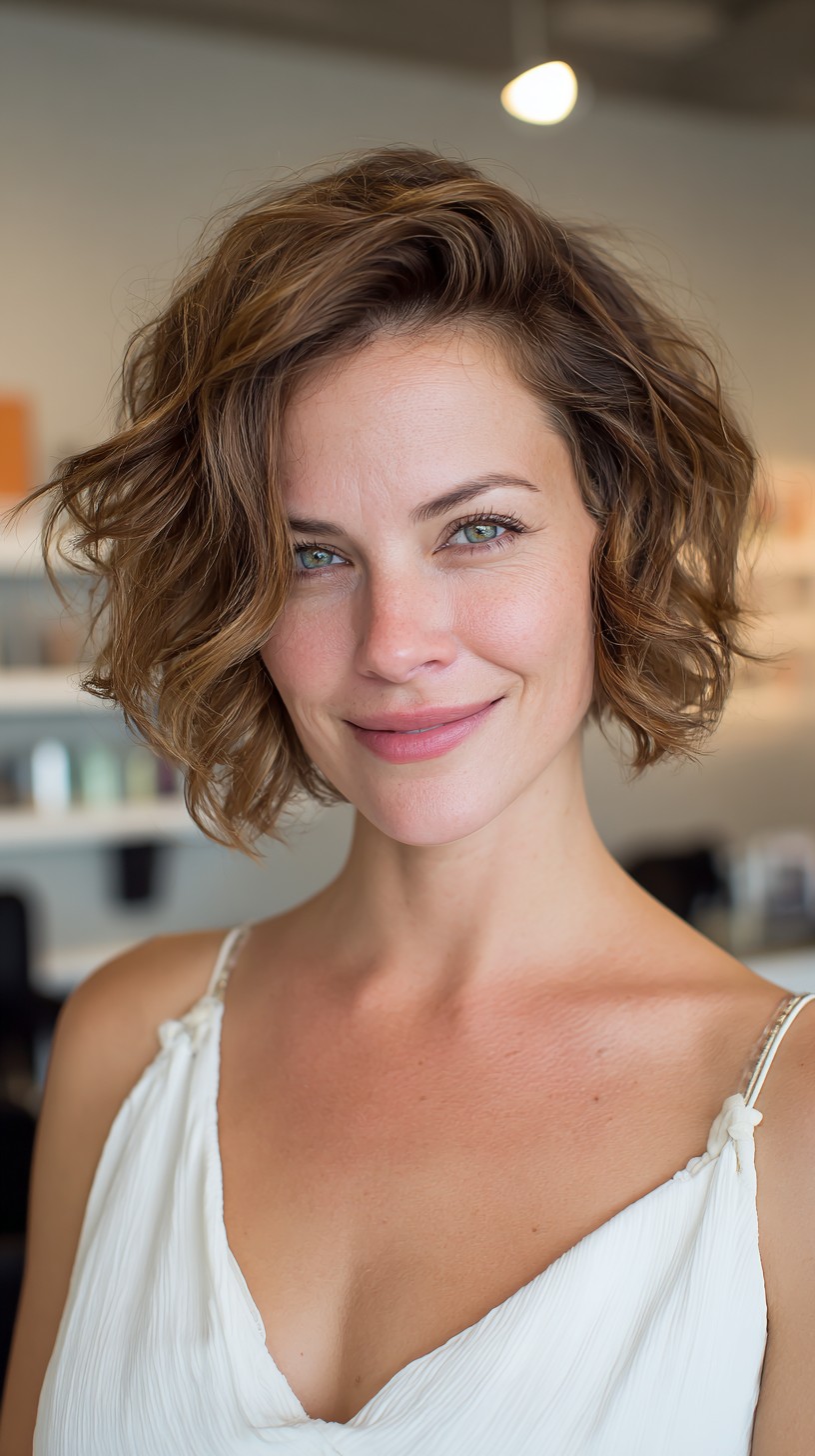 Soft Tousled Chin-Length Wavy Bob with Subtle Root Depth