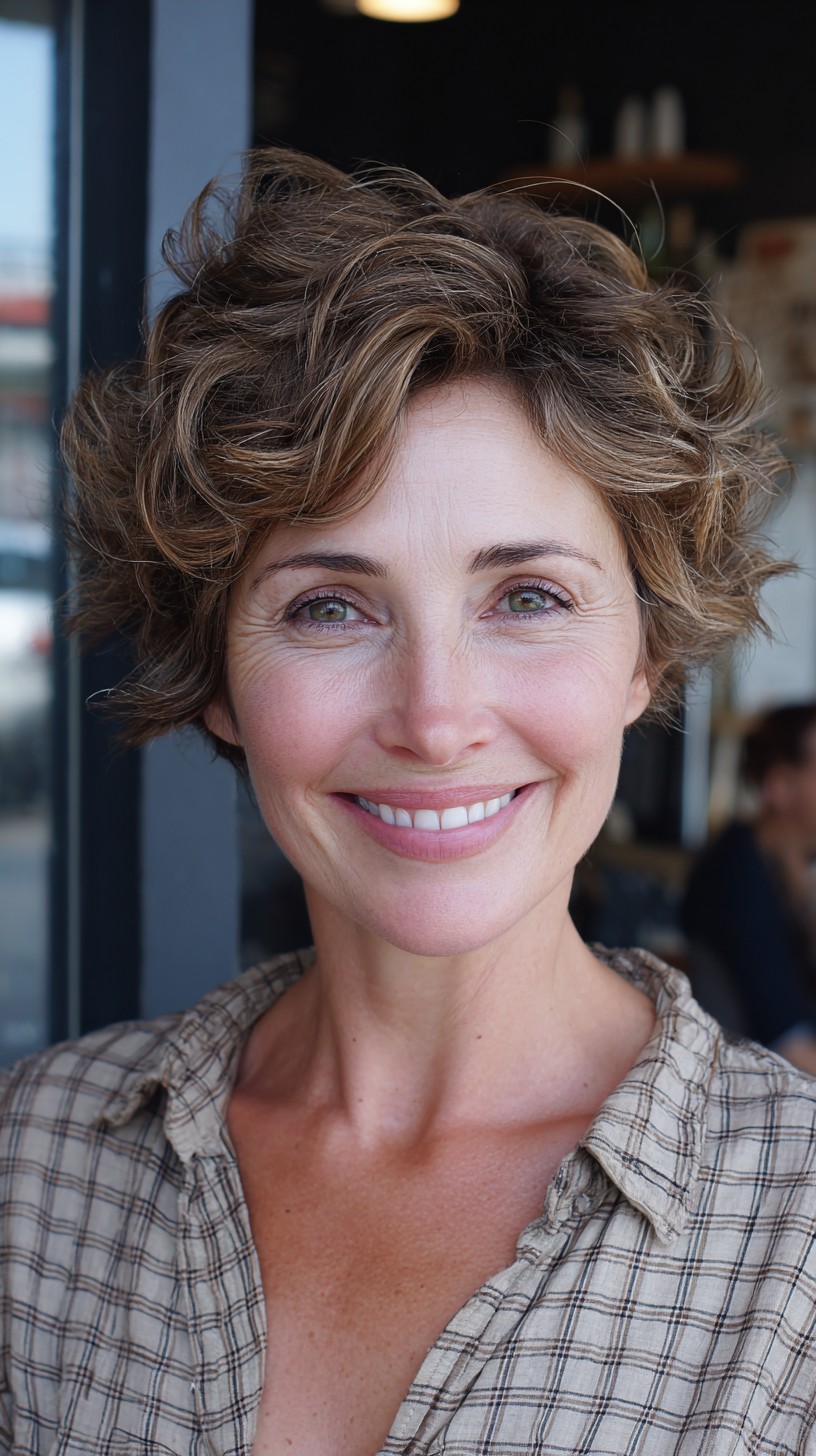 Soft Tousled Pixie Shag with Caramel Face-Framing Lights