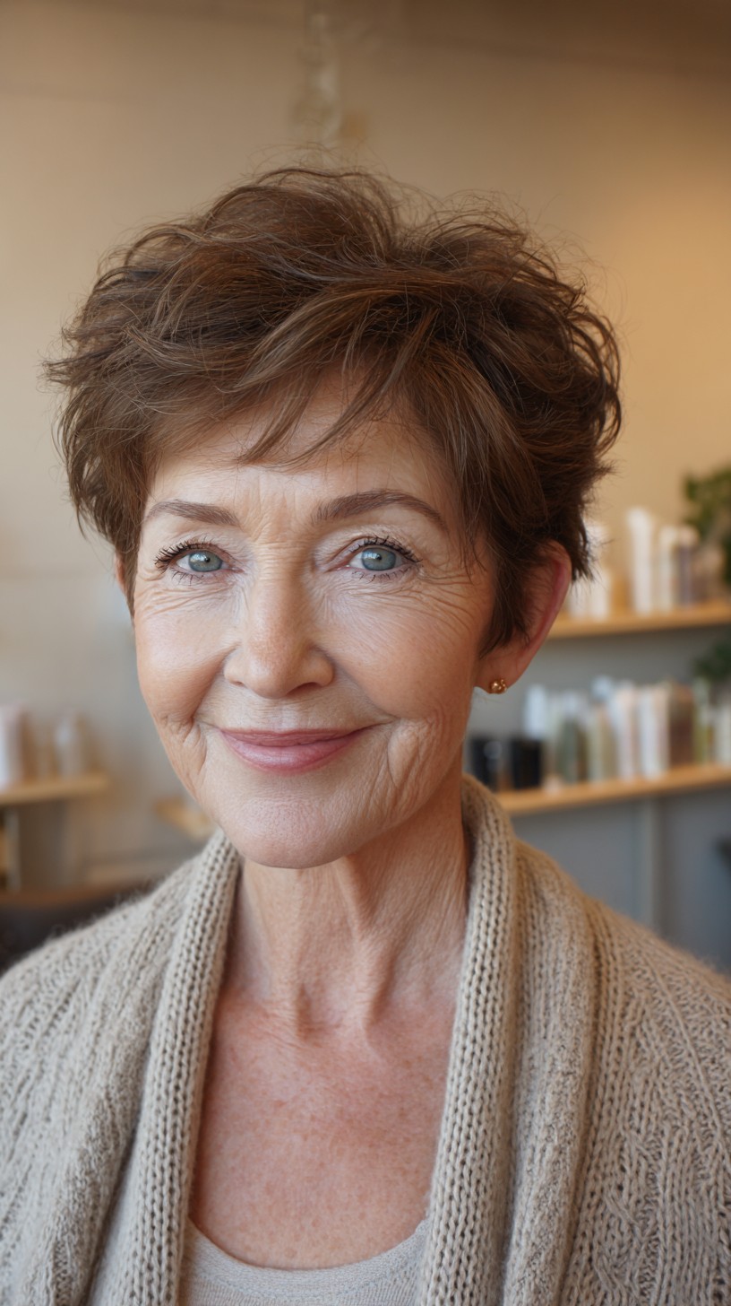 Soft Warm Brunette Pixie with Feathered Crown Lift