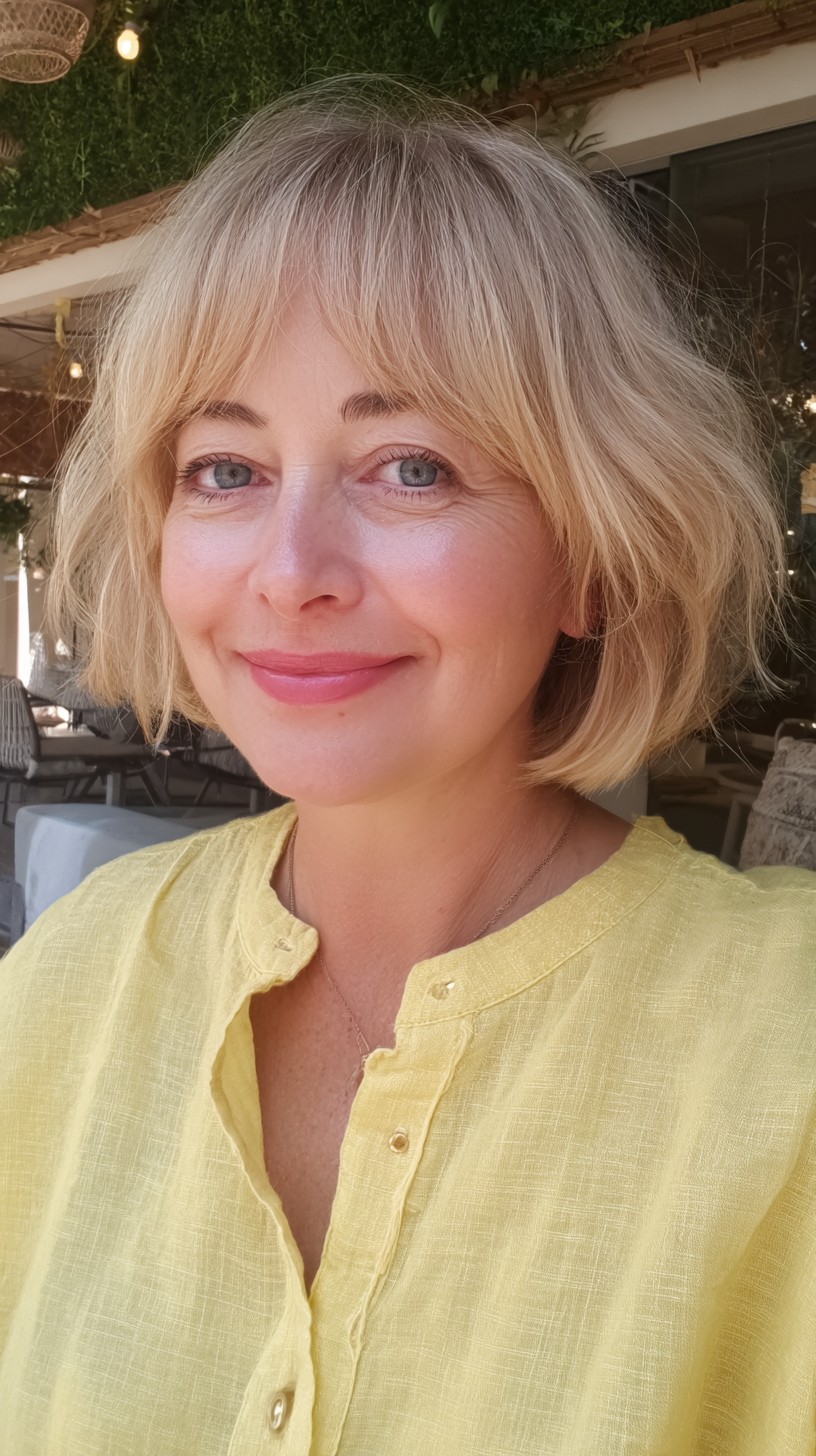 Sun-Kissed Chin-Length Bottleneck Bob with Soft Curtain Fringe