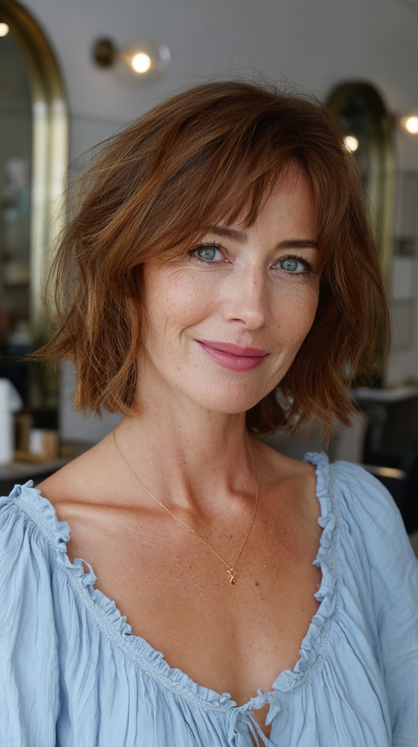 Sunlit Copper Layered Chin-Length Bob with Feathered Micro-Bangs
