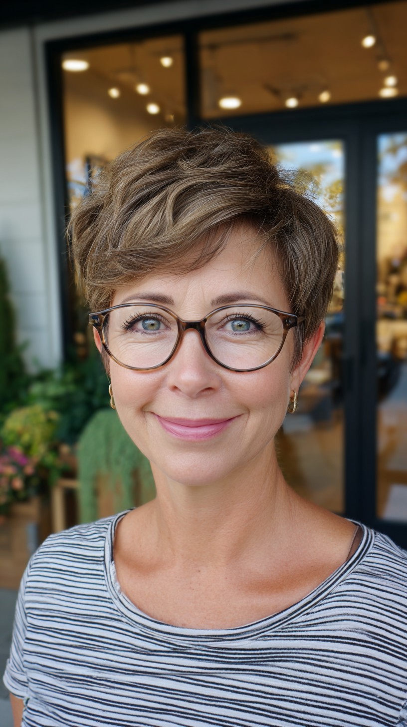 Textured Ash-Brown Pixie with Soft Side-Swept Fringe