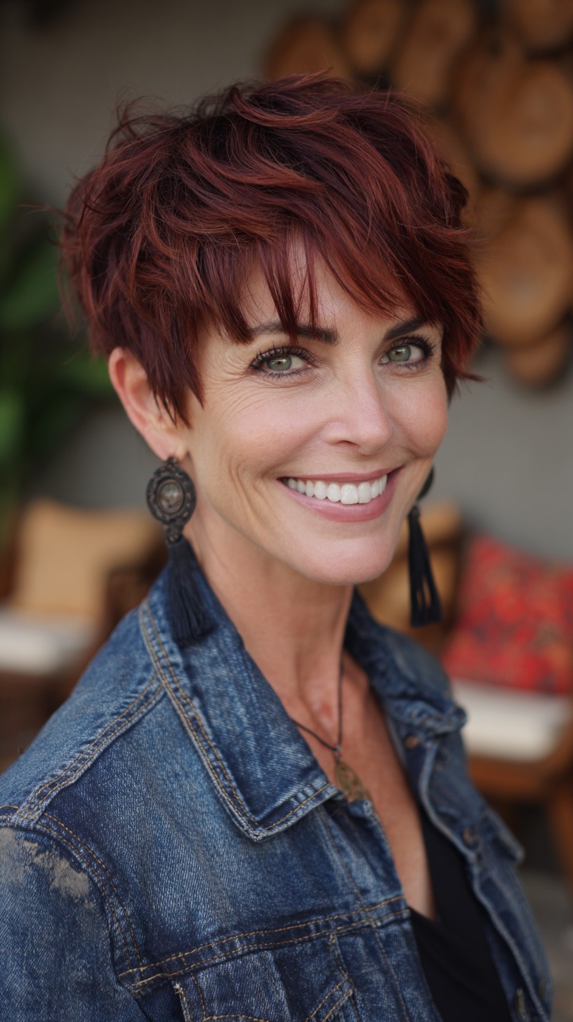 Textured Auburn Pixie with Feathered Fringe