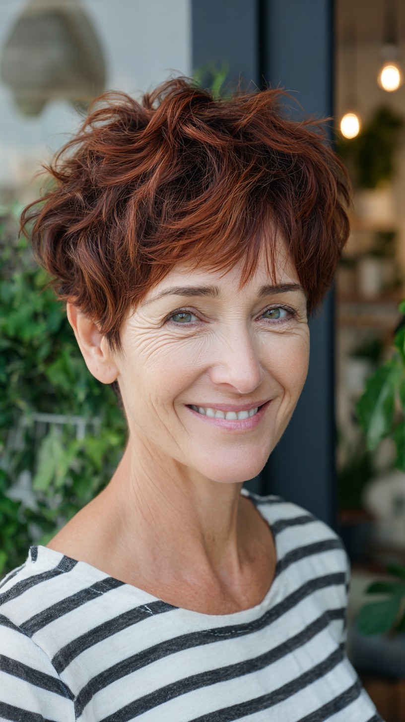 Textured Auburn Pixie Shag with Defined Crown Lift