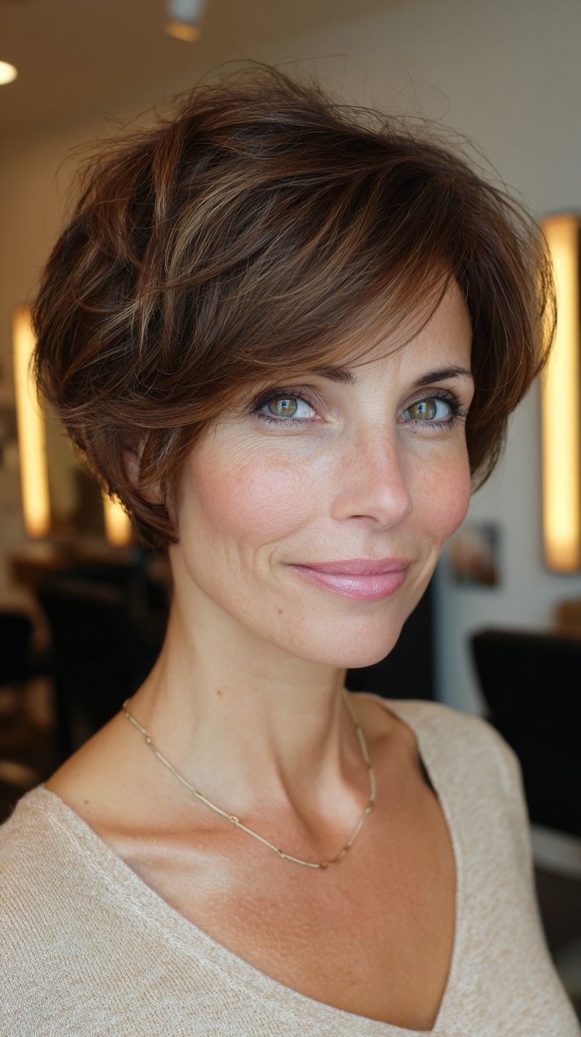 Textured Chestnut Stacked Pixie with Side-Swept Fringe