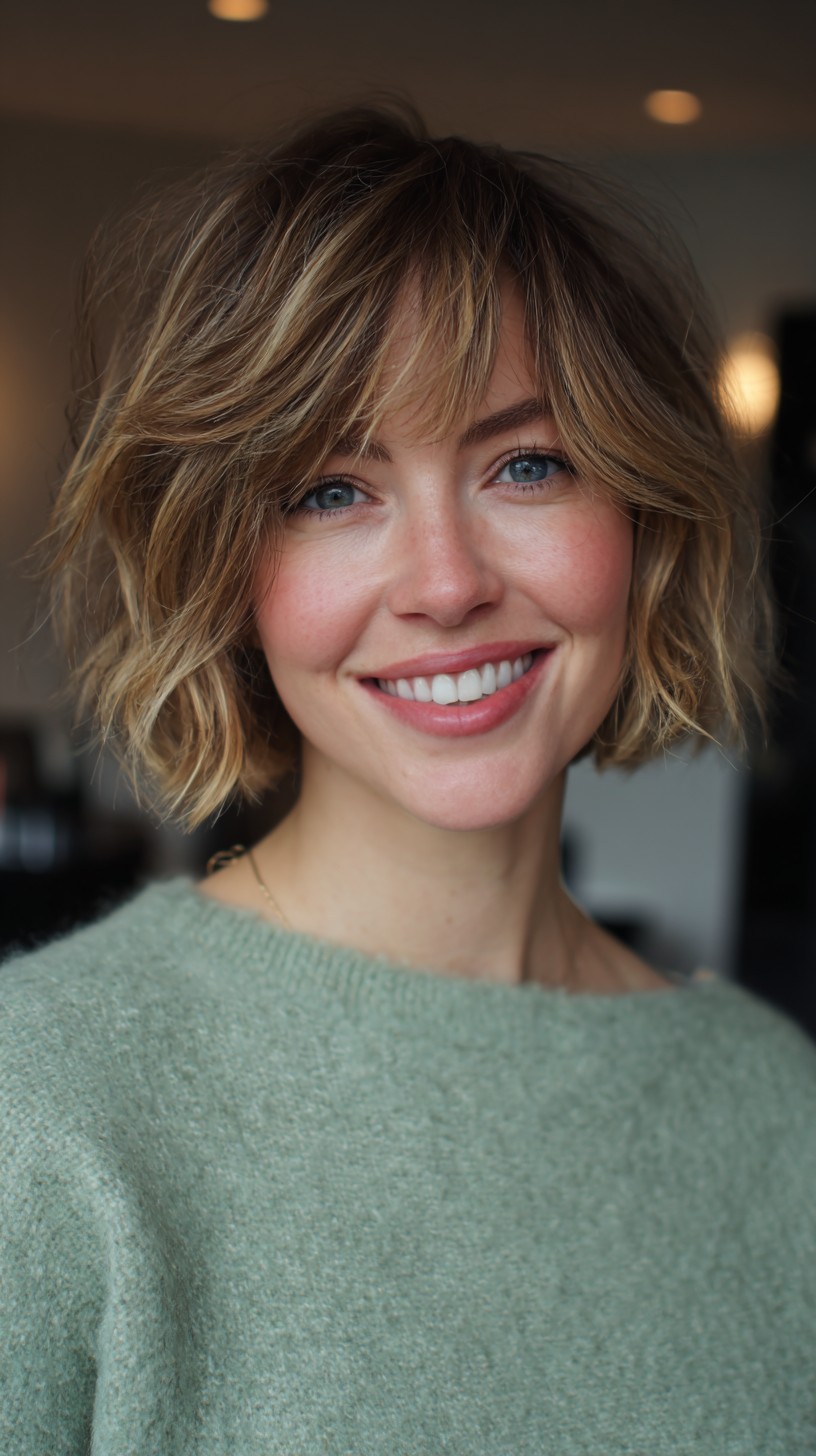 Textured Choppy Chin-Length Bob with Wispy Curtain Bangs