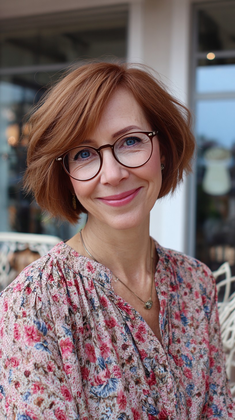 Textured Copper Chin-Length Angled Bob with Side Part