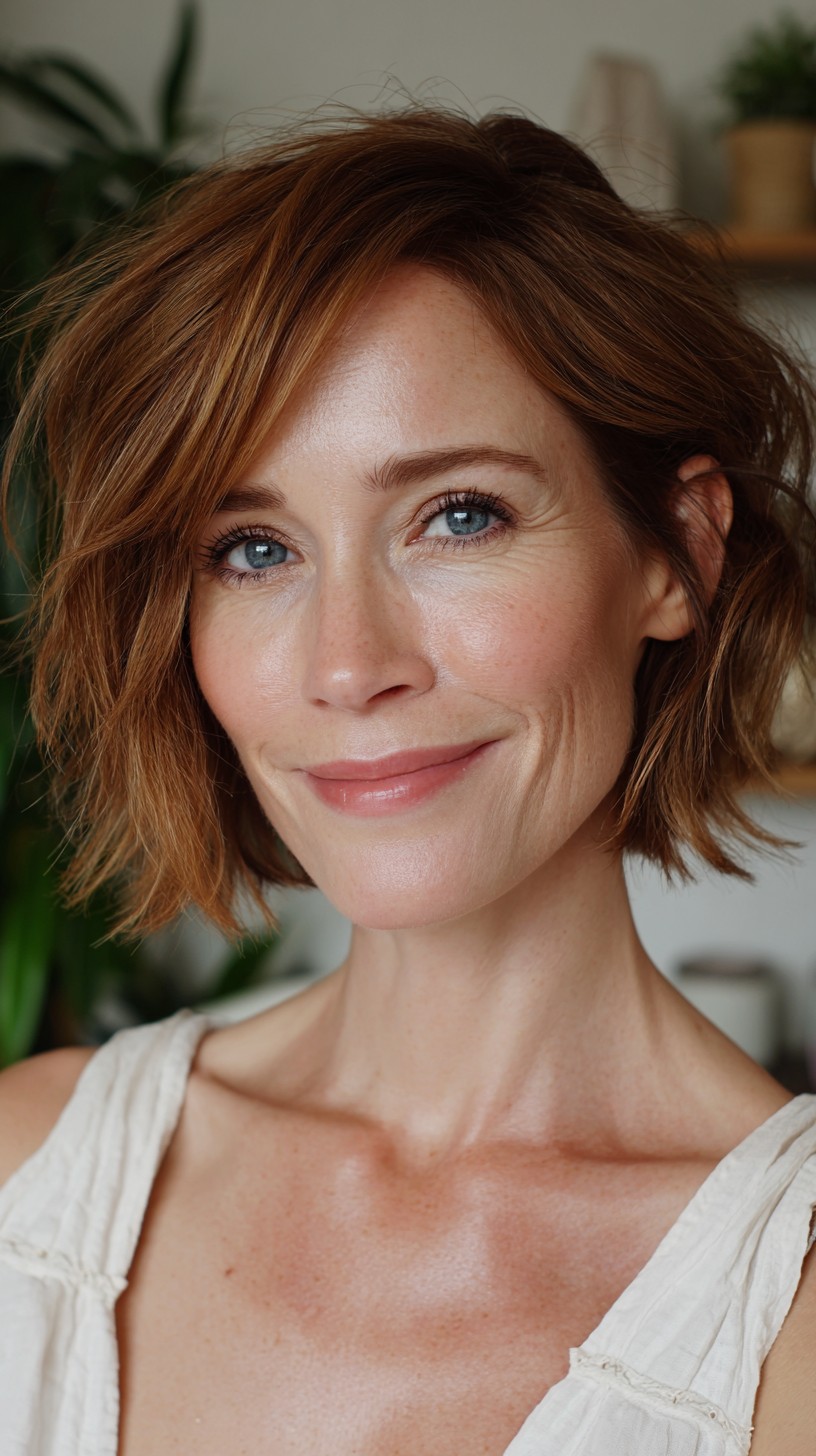 Textured Copper Chin-Length Shag with Face-Framing Layers
