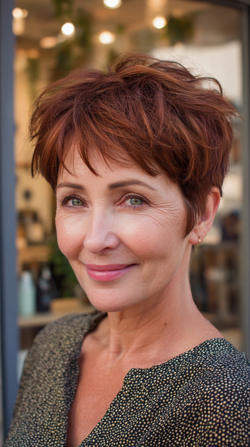 Textured Copper Pixie Shag with Feathered Micro-Bangs