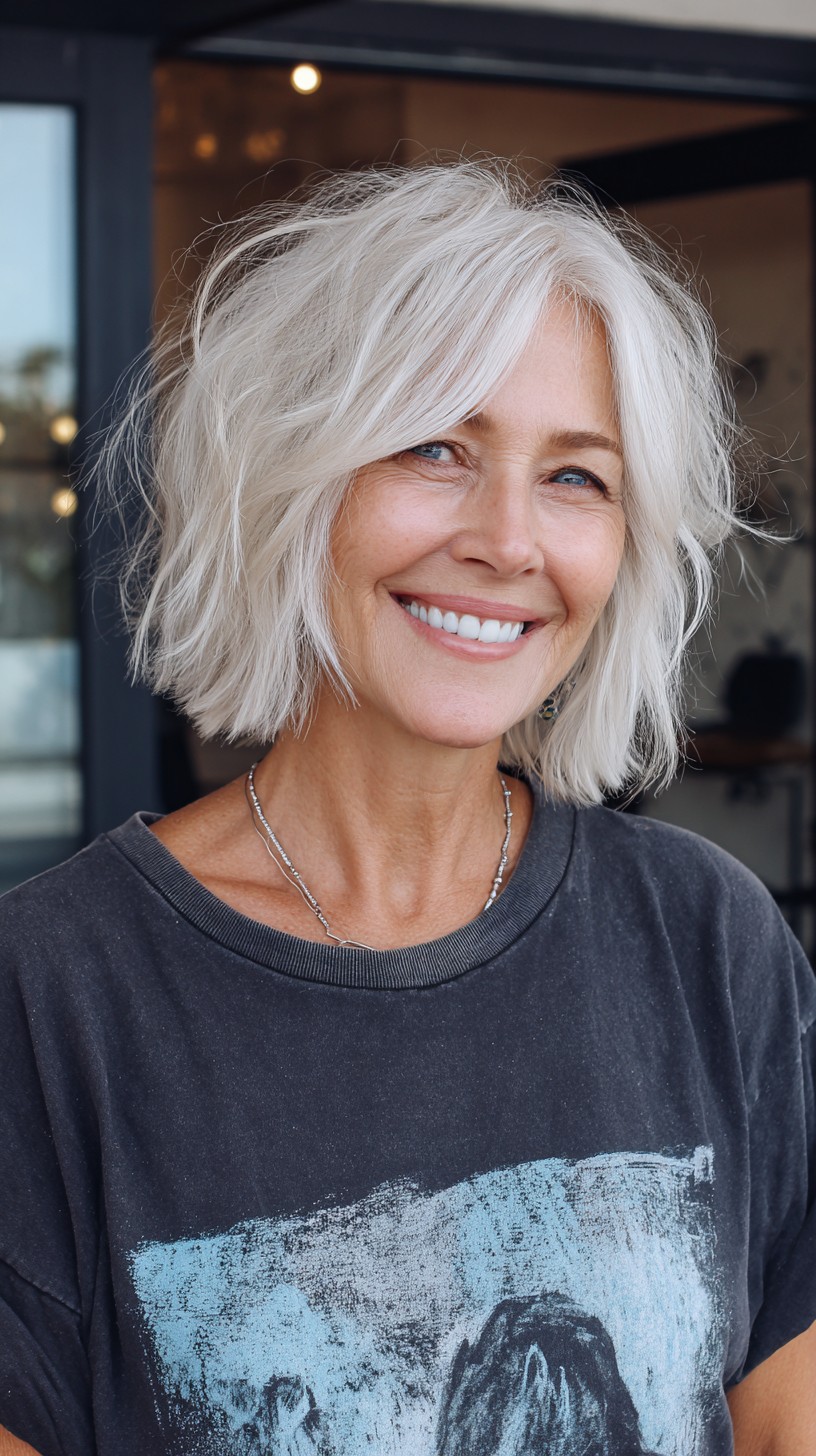 Textured Silver Chin-Grazing Bob with Soft Curtain Fringe