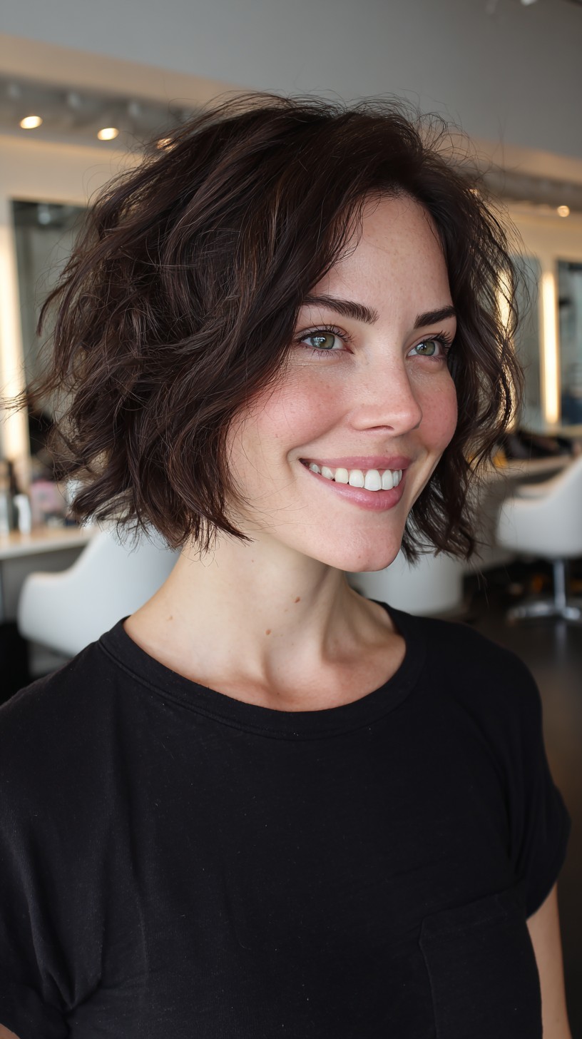 Tousled Dark-Chocolate Chin-Length Bob with Subtle Interior Graduation