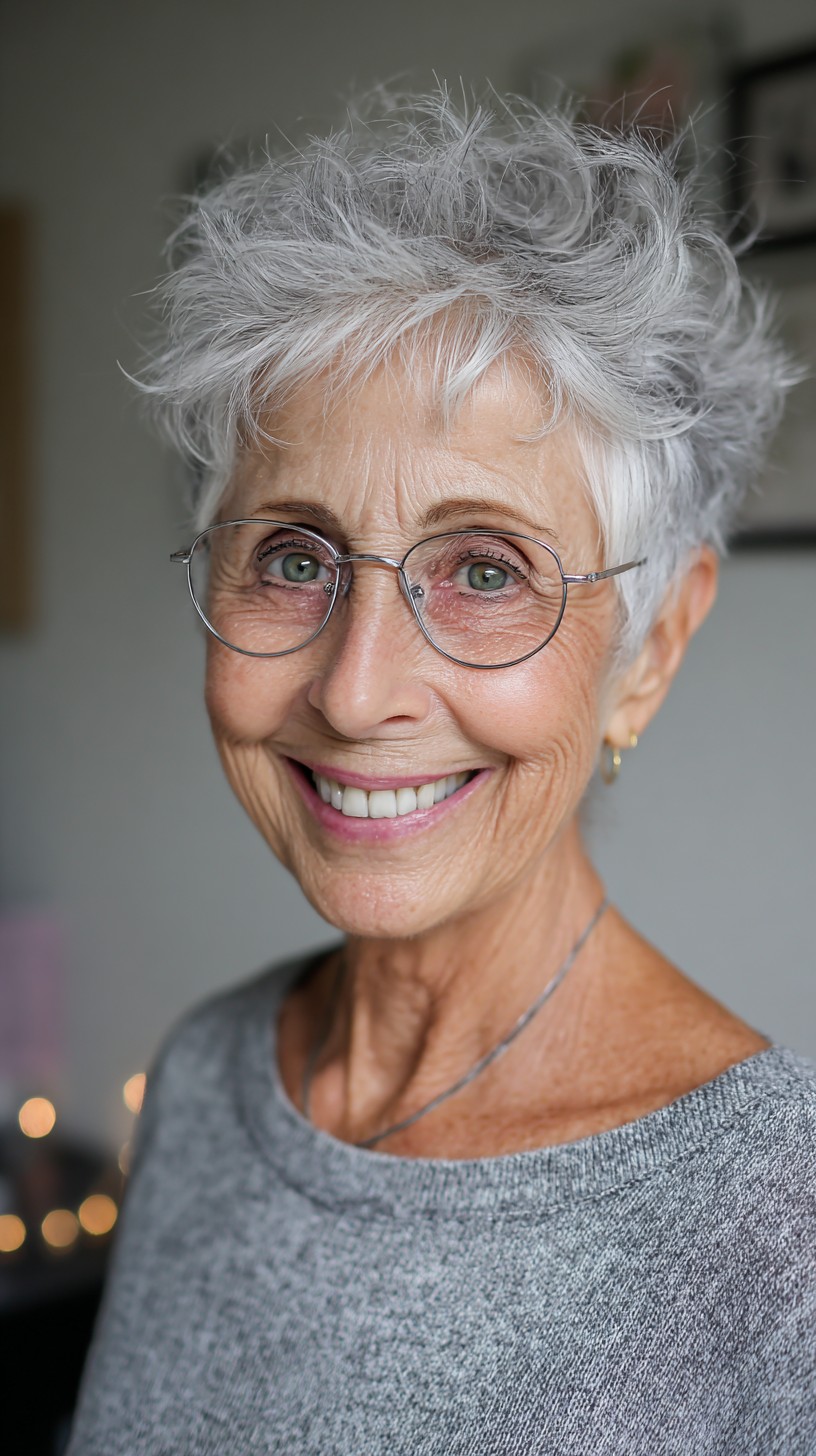 Tousled Silver Pixie with Crown Lift and Wispy Fringe