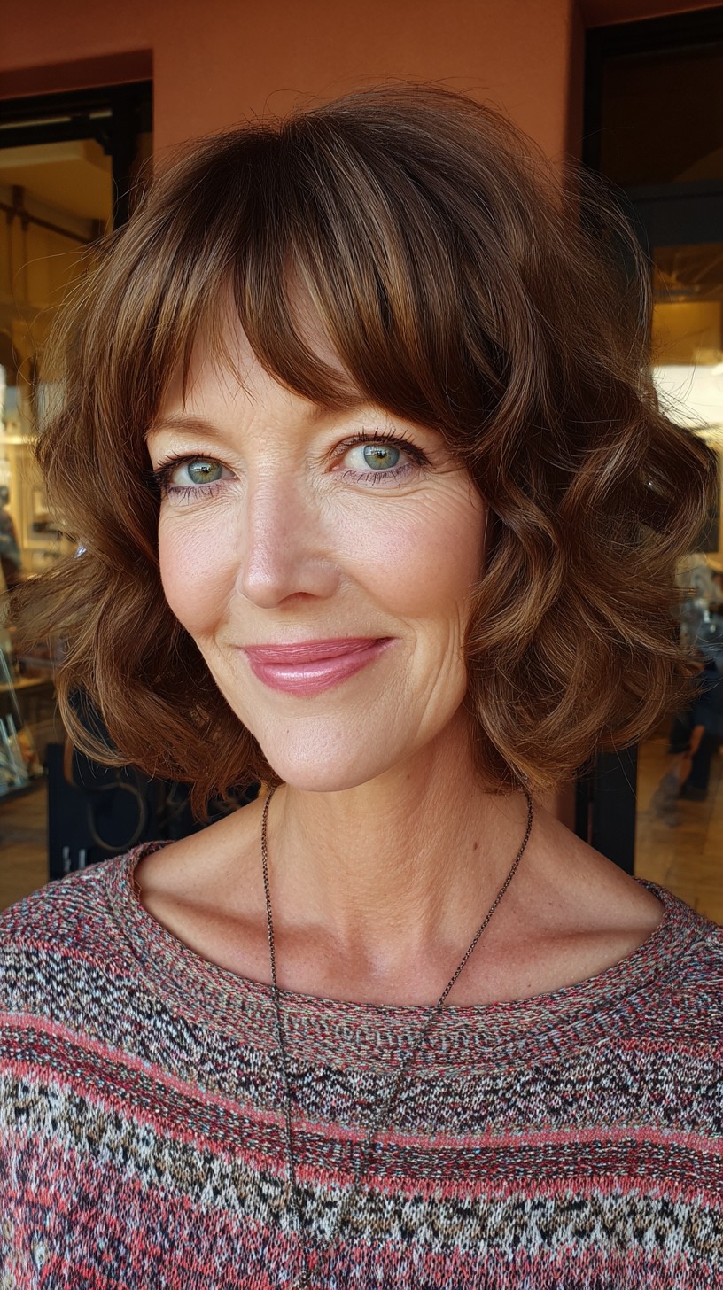 Voluminous Chestnut Bottleneck Bob with Soft Face-Framing Fringe