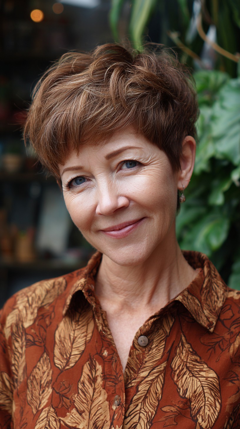 Warm Chestnut Pixie Shag with Micro‑Fringe and Crown Texture