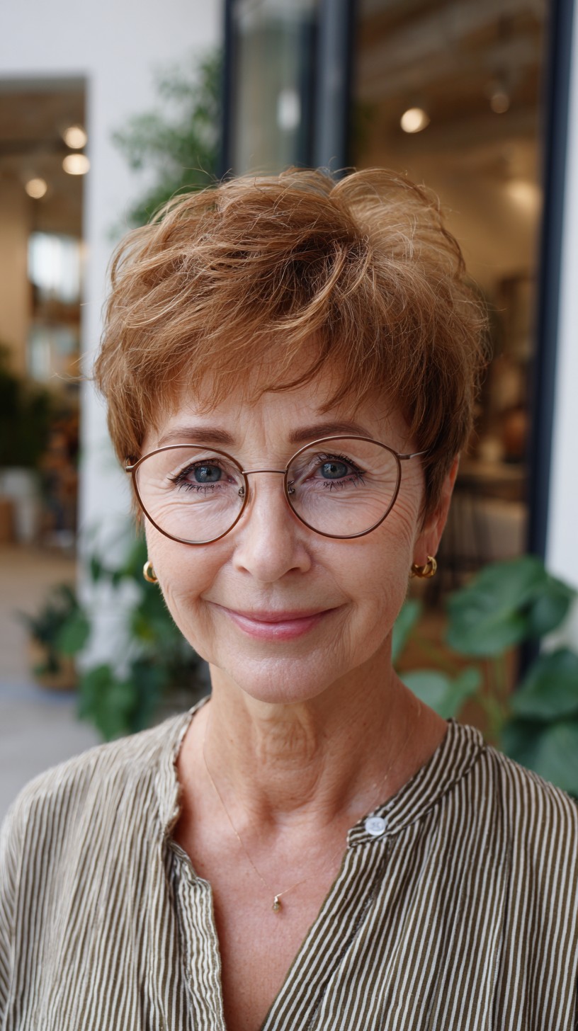 Warm Copper Feathered Pixie with Glasses-Aligned Temple Taper