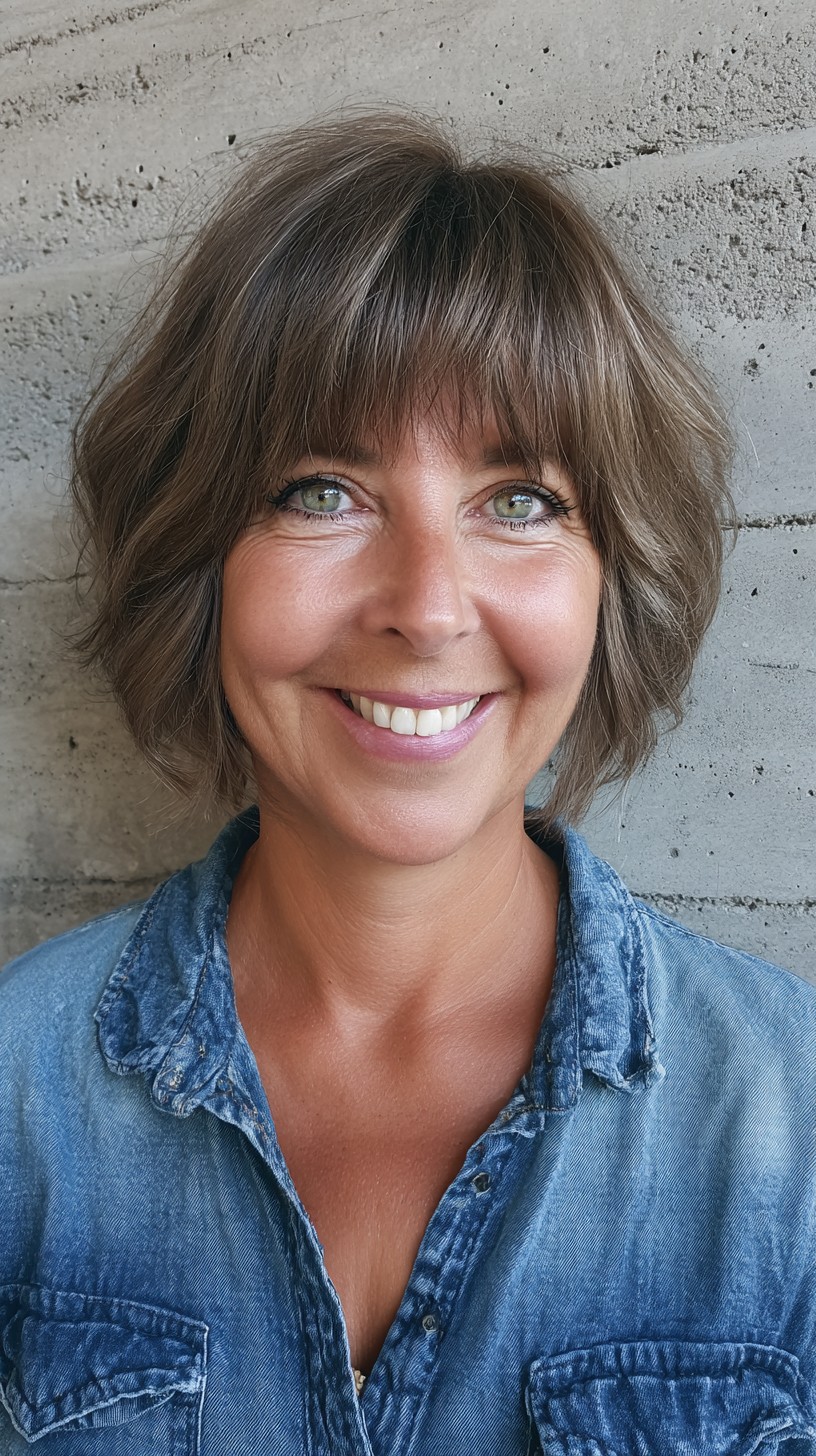 Ash-Toned Textured Short Bob with Brow-Skimming Fringe