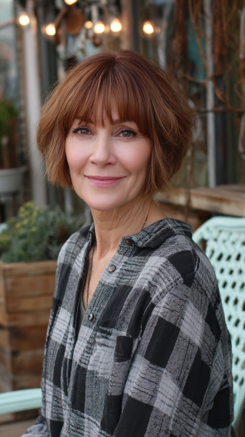 Auburn Textured Chin-Length Bob with Soft Blunt Bangs