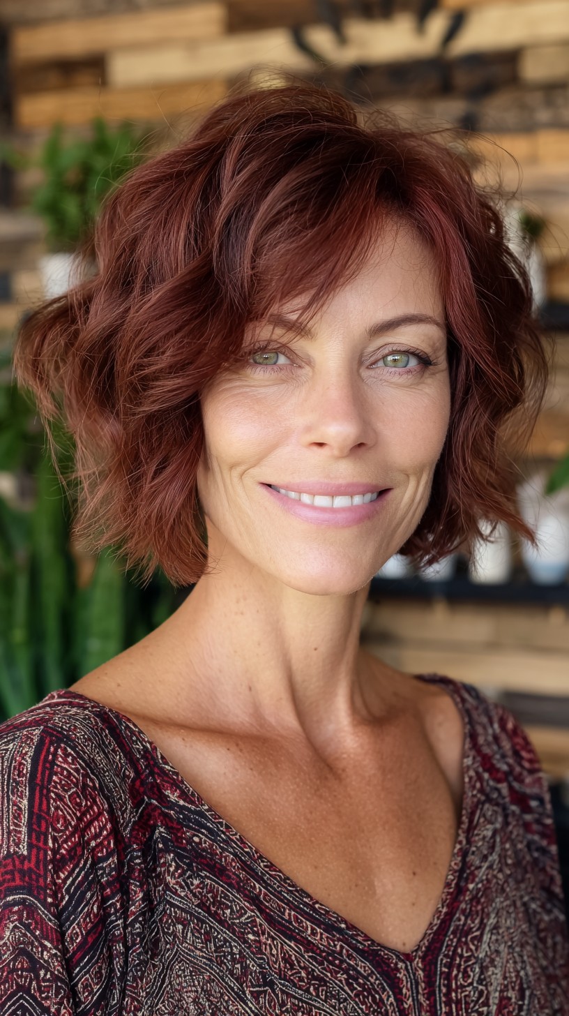 Auburn Textured Side-Part Chin-Length Bob with Feathered Fringe