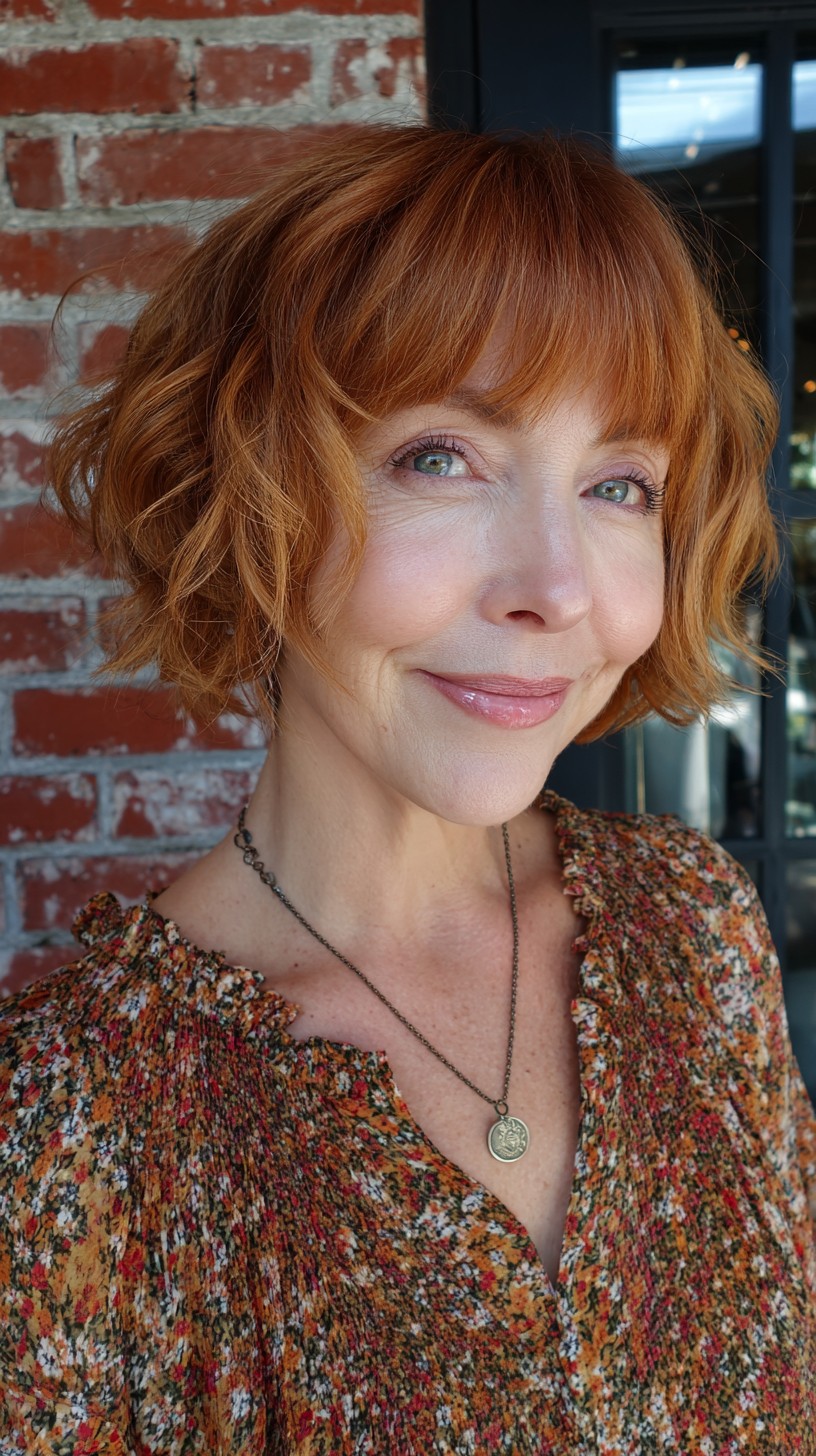 Autumn Copper Wavy Chin-Length Bob with Soft Curtain Bangs