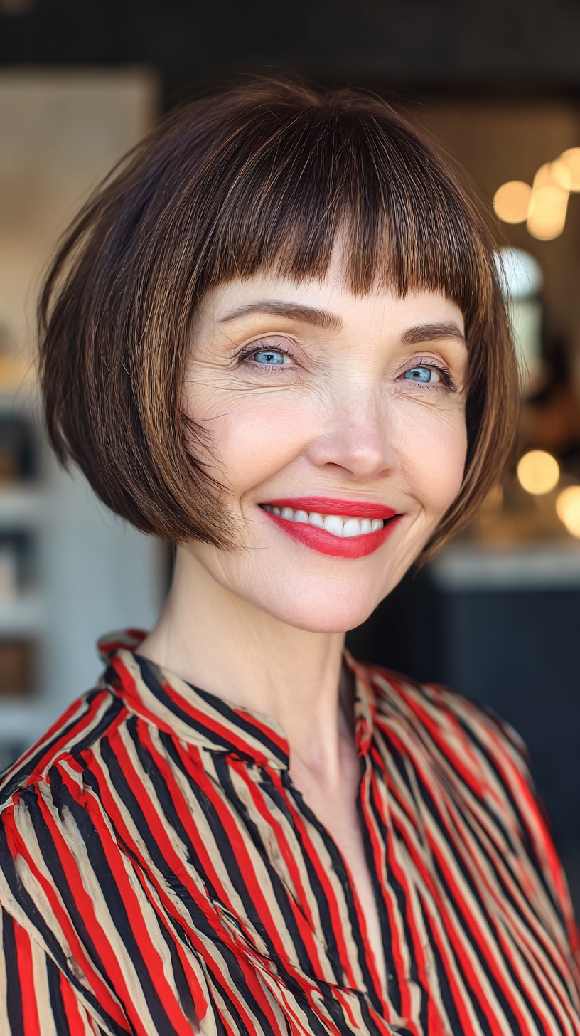 Brunette Chin-Length Rounded Bob with Cropped Blunt Fringe