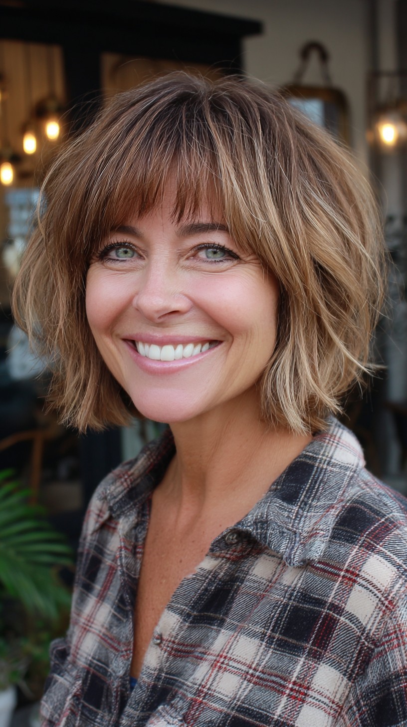 Brushed Bronde Chin-Length Bob with Sheer Blunt Fringe