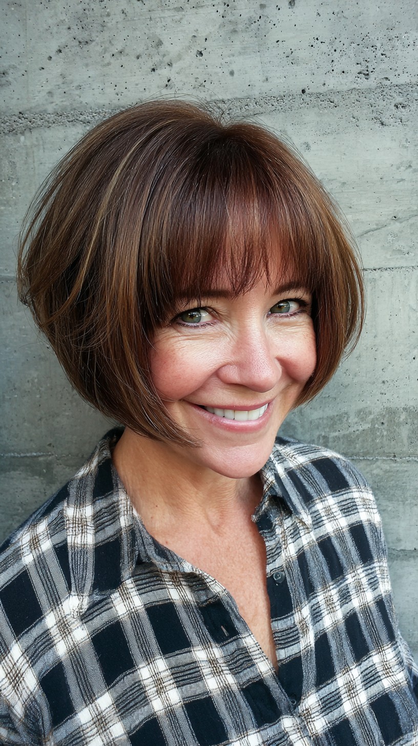 Chestnut Rounded Chin-Length Bob with Soft Brow-Skimming Fringe