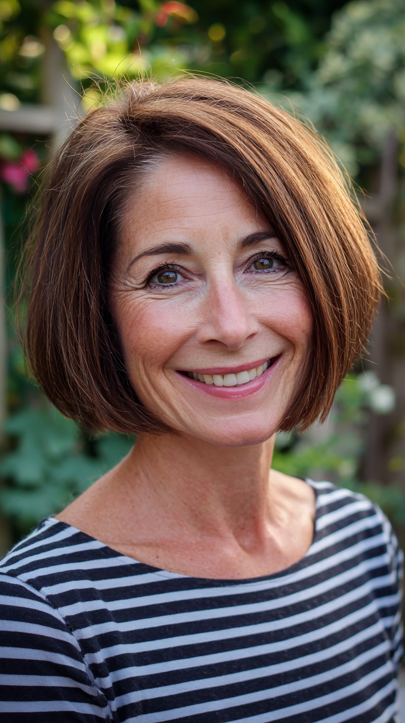 Chestnut Side-Part Rounded Chin-Skimming Bob with Interior Graduation